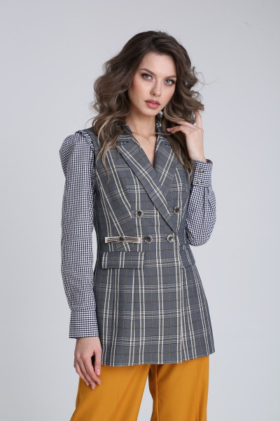 Длинный жилет из клетчатой ткани, с вытачками и карманами SandyNa 13734 темно-серый_клетка - фото 4