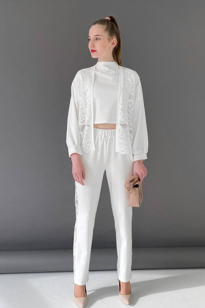 Модный кружево-трикотажный кардиган без застежки LucyCo 707 молочный - фото 2