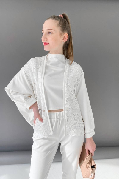 Модный кружево-трикотажный кардиган без застежки LucyCo 707 молочный - фото 1