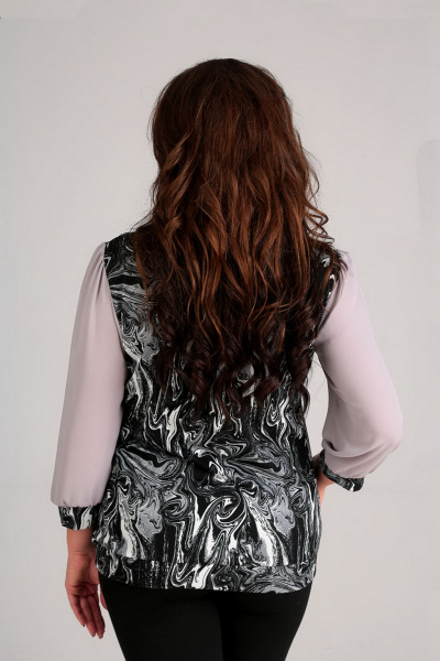 Демисезонная блуза из трикотажа с поясом и бантами Таир-Гранд 62295 чб+ сер.шифон - фото 2