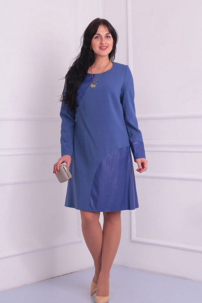 Стильное платье из текстиля и эко-кожи с вставками VIA-Mod 346 василек - фото 1