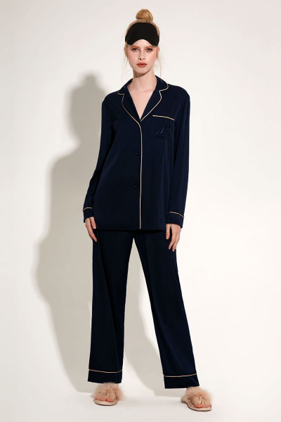 Блуза прямая в пиджачном стиле из атласа и текстиля Панда 1243z синий - фото 1