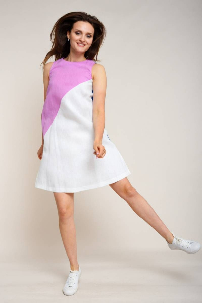 Льняное платье свободного кроя с складками и ярким дизайном Ружана 333-2 синий/розовый/белый - фото 4