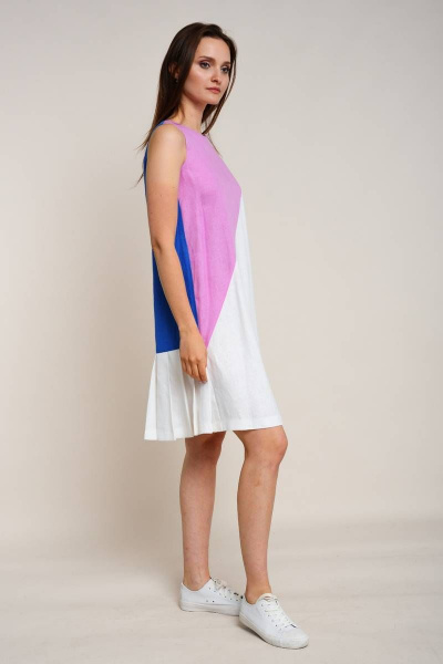 Льняное платье свободного кроя с складками и ярким дизайном Ружана 333-2 синий/розовый/белый - фото 1