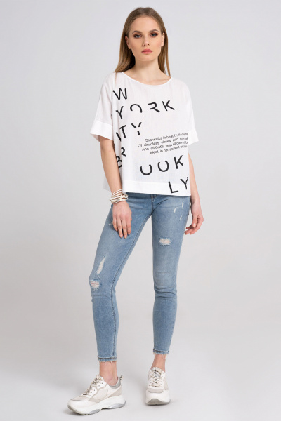 Легкая хлопковая блузка с графическим рисунком и эффектом крэш Панда 36040z белый - фото 1