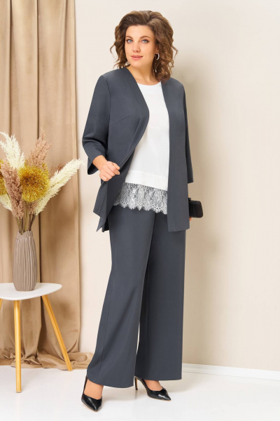 Блуза, брюки, жилет VOLNA 1458 графитово-голубой - фото 1