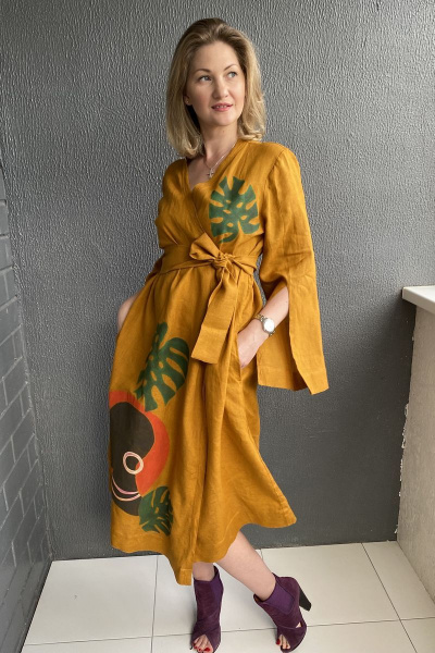 Платье-кимоно из льна с африканским рисунком Pavlova 111 - фото 1