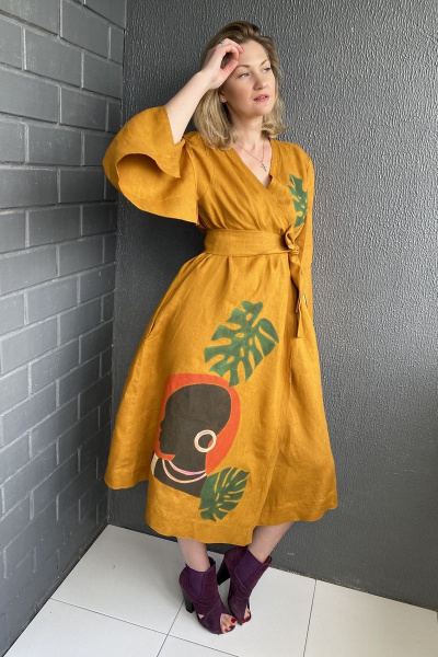 Платье-кимоно из льна с африканским рисунком Pavlova 111 - фото 3