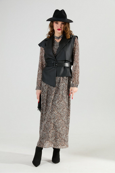 Жилет, платье NikVa 1020-1 коричневый мультиколор и чёрный - фото 1