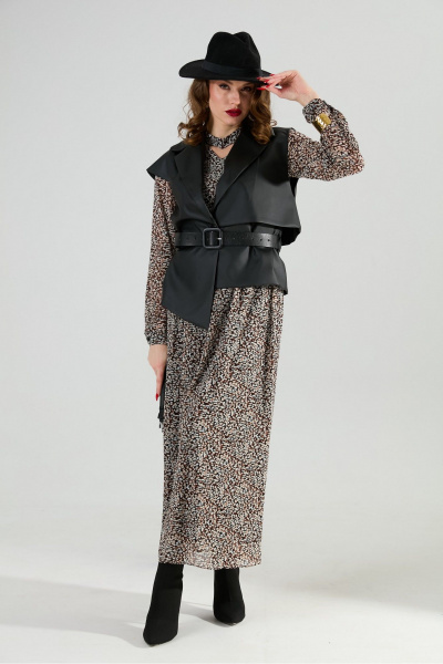 Жилет, платье NikVa 1020-1 коричневый мультиколор и чёрный - фото 7