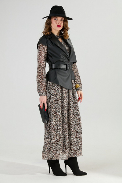 Жилет, платье NikVa 1020-1 коричневый мультиколор и чёрный - фото 3