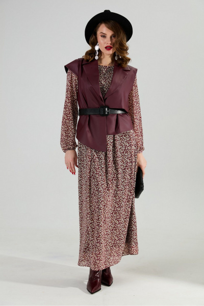 Жилет, платье NikVa 1020-3 листочки бургунди и бордо - фото 7