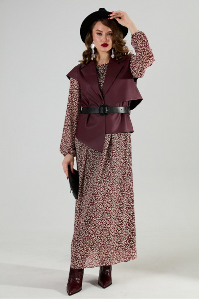 Жилет, платье NikVa 1020-3 листочки бургунди и бордо - фото 2