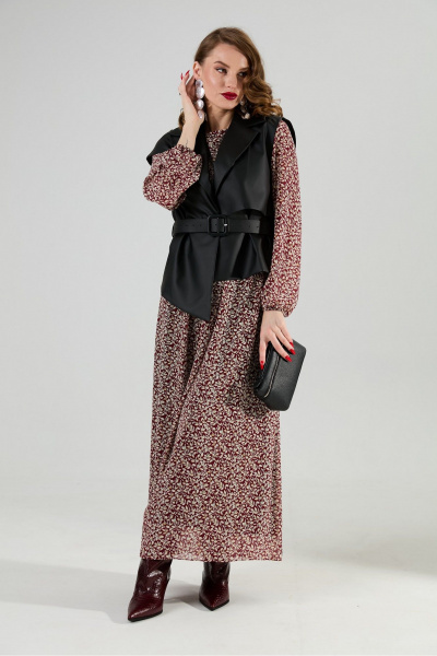 Жилет, платье NikVa 1020-4 листочки бургунди и чёрный - фото 9