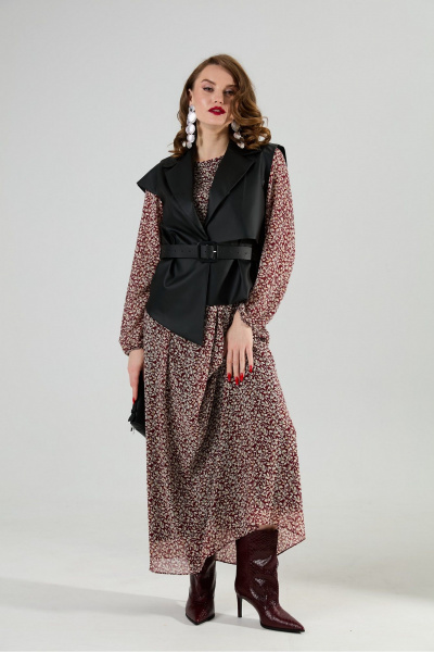 Жилет, платье NikVa 1020-4 листочки бургунди и чёрный - фото 7