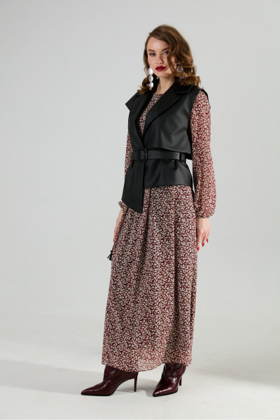 Жилет, платье NikVa 1020-4 листочки бургунди и чёрный - фото 4