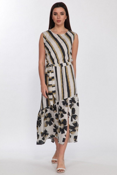 Платье из вискозы с асимметричным воланом и поясом Faufilure C1186  цветы - фото 4