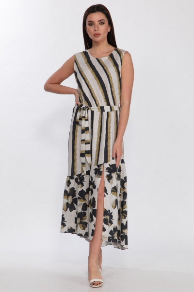 Платье из вискозы с асимметричным воланом и поясом Faufilure C1186  цветы - фото 1