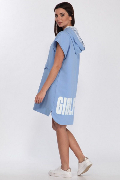Платье свободного кроя из хлопка с капюшоном и контрастной печатью Faufilure C1181 голубой - фото 6
