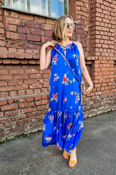 Летний синий сарафан из вискозы с шнуровкой и оборкой Shymoda 126-20 светло-синий/цветы - фото 1