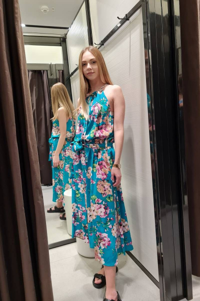 Сарафан свободного силуэта из вискозы и текстиля с разрезом Shymoda 1126-20 бирюзовый/цветы - фото 3