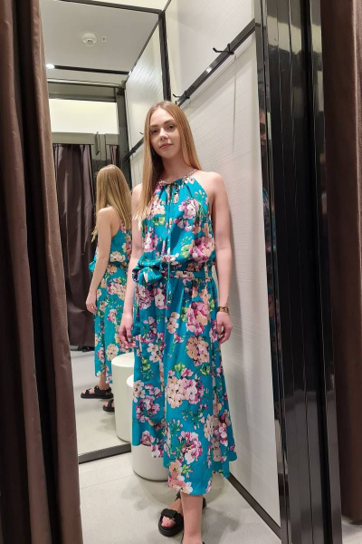 Сарафан свободного силуэта из вискозы и текстиля с разрезом Shymoda 1126-20 бирюзовый/цветы - фото 2
