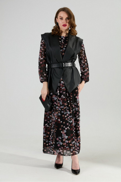 Жилет, платье, ремень NikVa 1021-1 листья мультиколор и чёрный - фото 6