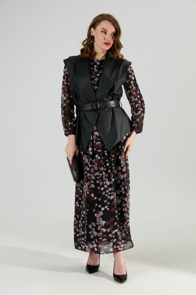 Жилет, платье, ремень NikVa 1021-1 листья мультиколор и чёрный - фото 1