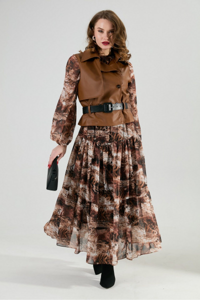 Жилет, платье, ремень NikVa 1022-1 шоколад и тигровая абстракция - фото 1