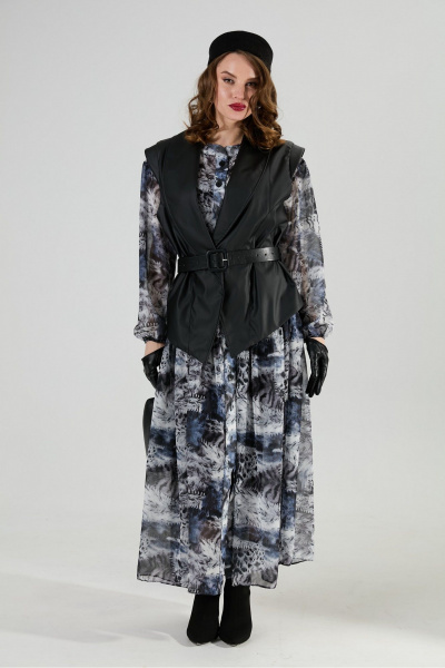 Жилет, платье, ремень NikVa 1024-1 чёрный и серая абстракция - фото 1