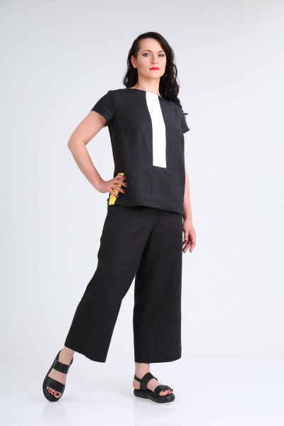 Костюм из льняных брюк-кюлотов и асимметричной блузы Ma Vie М575 черный - фото 2