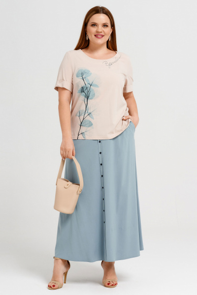 Вискозный комплект блузка и длинная юбка для отдыха Панда 38210z бежево-бирюзовый - фото 1