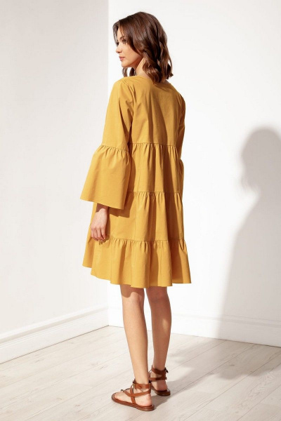 Платье свободного кроя с V-образным вырезом из хлопка S_ette S5038 горчица - фото 2