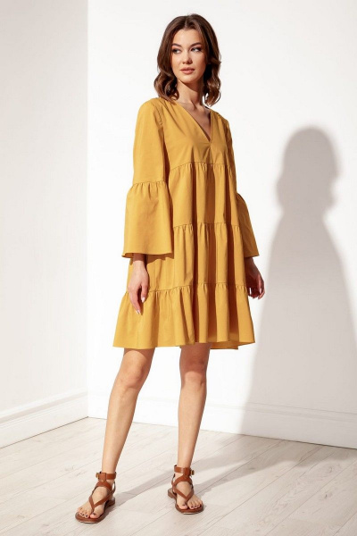 Платье свободного кроя с V-образным вырезом из хлопка S_ette S5038 горчица - фото 1