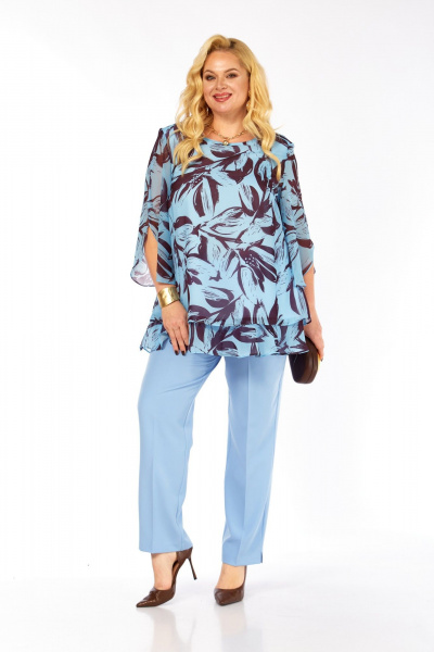 Блуза, брюки Элль-стиль 2213/12 голубой_кофе - фото 10