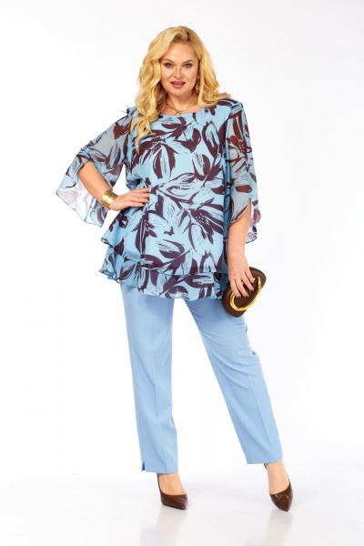 Блуза, брюки Элль-стиль 2213/12 голубой_кофе - фото 7