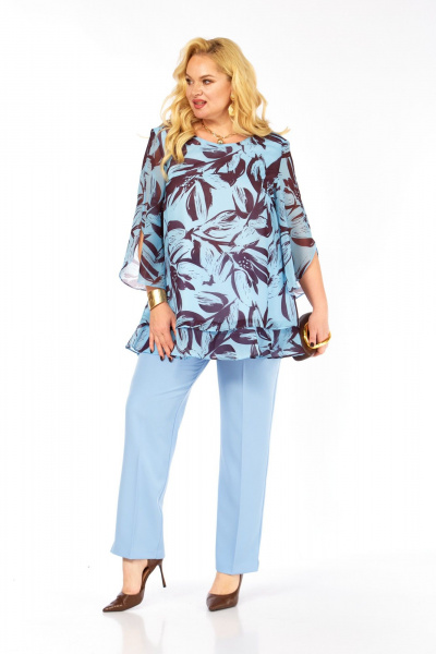 Блуза, брюки Элль-стиль 2213/12 голубой_кофе - фото 6
