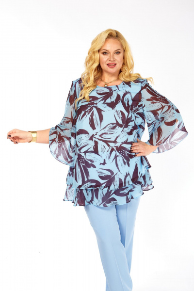 Блуза Элль-стиль 2213/12а голубой_кофе - фото 8