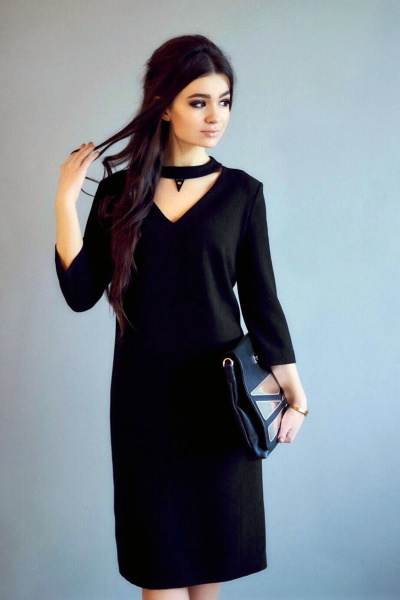 Нарядное черное платье прямого кроя с декоративной горловиной S. Veles 3-97 - фото 1