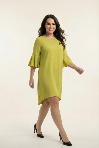 Вискозно-льняное платье с нагрудными вытачками и воланом Swallow 680 оливково-горчичный - фото 5