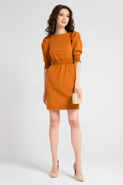 Платье на каждый день с воротником и резинкой на поясе Панда 45887z терракотовый - фото 1