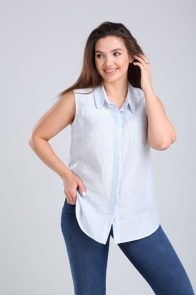 Летняя голубая блуза из льна с коротким рукавом MALI 621-065 полоска - фото 2