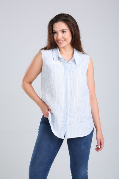Летняя голубая блуза из льна с коротким рукавом MALI 621-065 полоска - фото 1