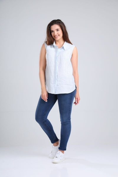 Летняя голубая блуза из льна с коротким рукавом MALI 621-065 полоска - фото 8