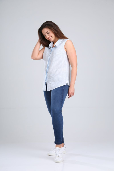Летняя голубая блуза из льна с коротким рукавом MALI 621-065 полоска - фото 7