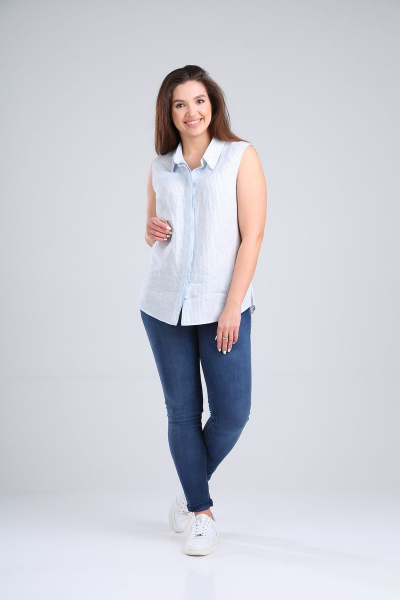 Летняя голубая блуза из льна с коротким рукавом MALI 621-065 полоска - фото 6