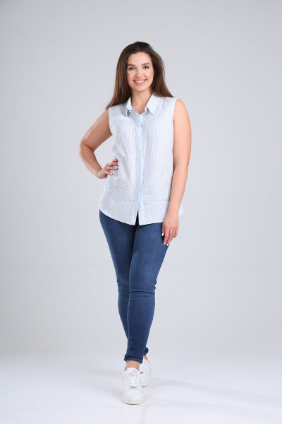 Летняя голубая блуза из льна с коротким рукавом MALI 621-065 полоска - фото 5