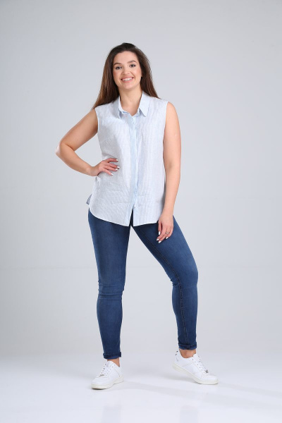 Летняя голубая блуза из льна с коротким рукавом MALI 621-065 полоска - фото 4