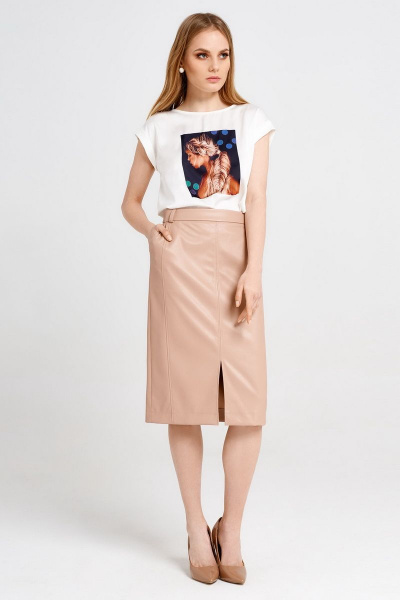 Бежевый кожаный кройстрогий юбка с разрезом и ремнем Панда 38450z бежевый - фото 1