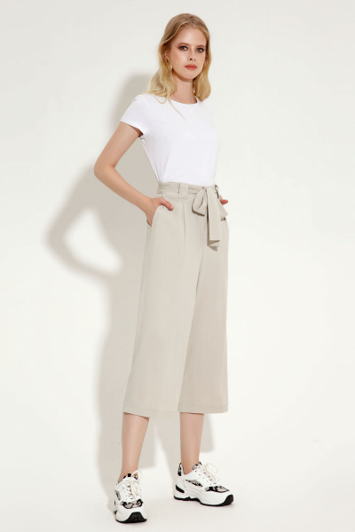 Брюки кюлоты укороченные широкие с высокой посадкой Панда 722060p бежевый - фото 1